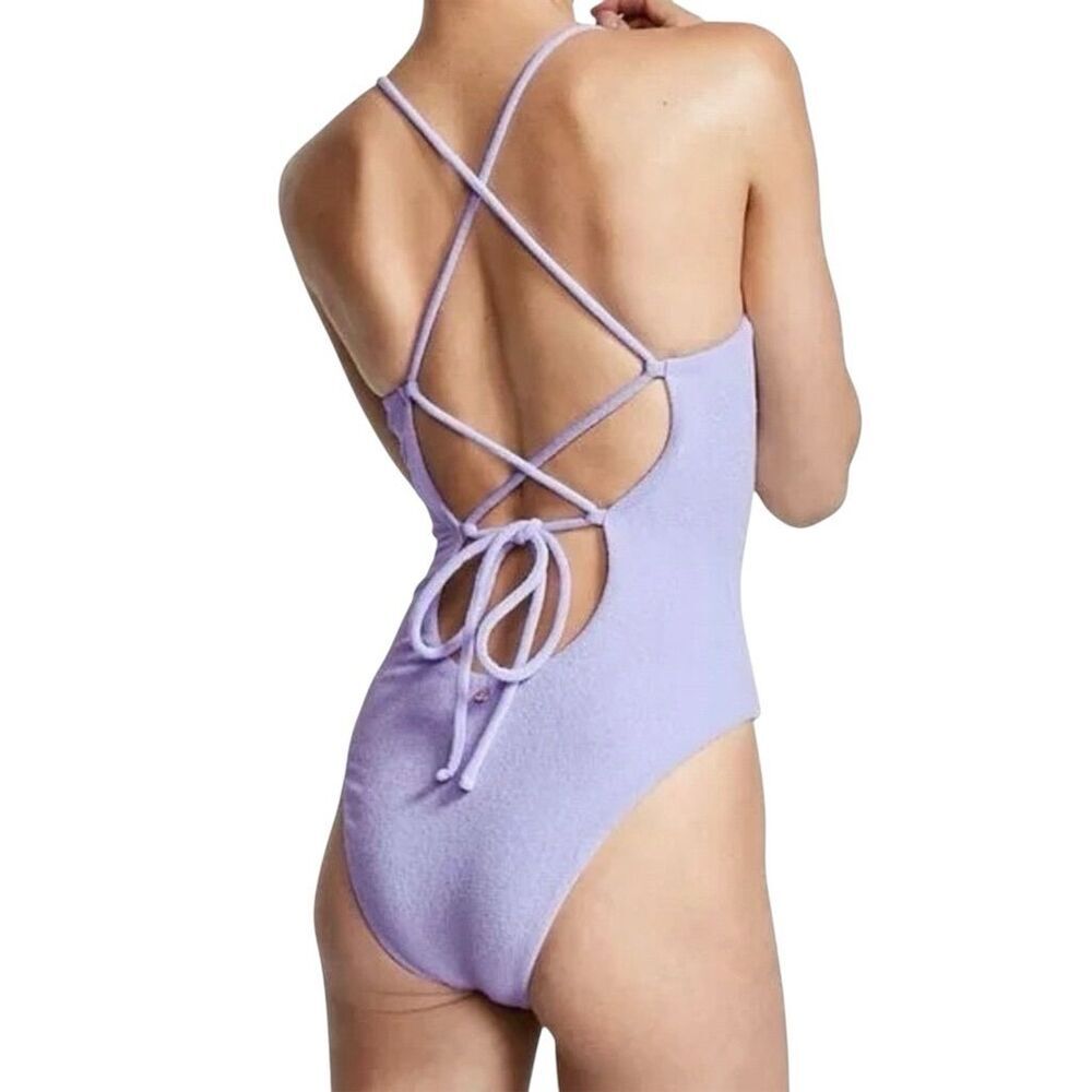 Victoria's Secret Lilac One-Piece Terry Cloth Essential Swimsuit Lace-Up Back XL